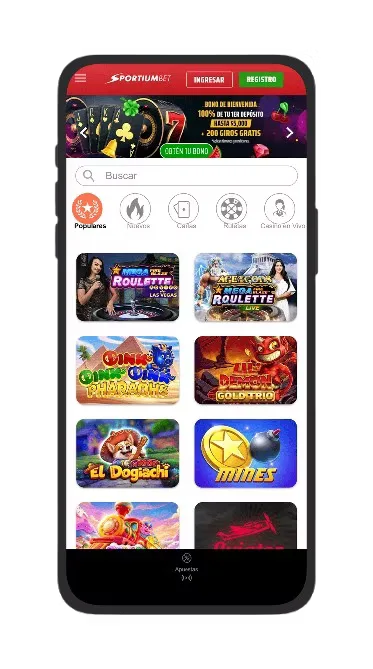 Pantalla de teléfono con una cuadrícula de portadas de tragamonedas en la sección de casino.