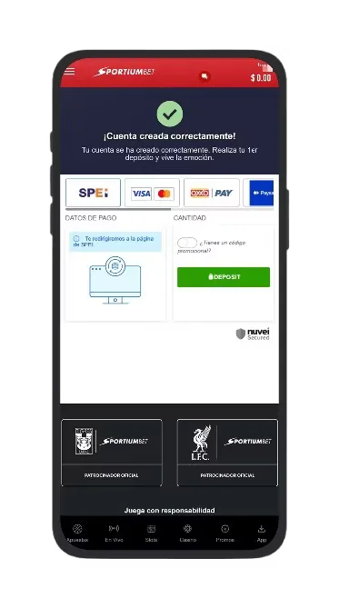 Aviso móvil de cuenta creada correctamente sobre una lista de medios de pago disponibles.