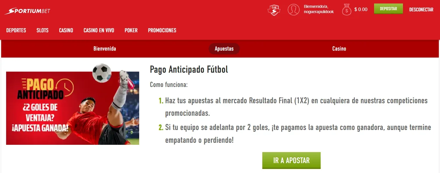 Pieza que explica el pago anticipado en fútbol con dos condiciones numeradas y un botón de apuesta.