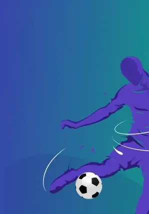 Ilustración de la silueta de un futbolista rematando un balón sobre un degradado azul y violeta.