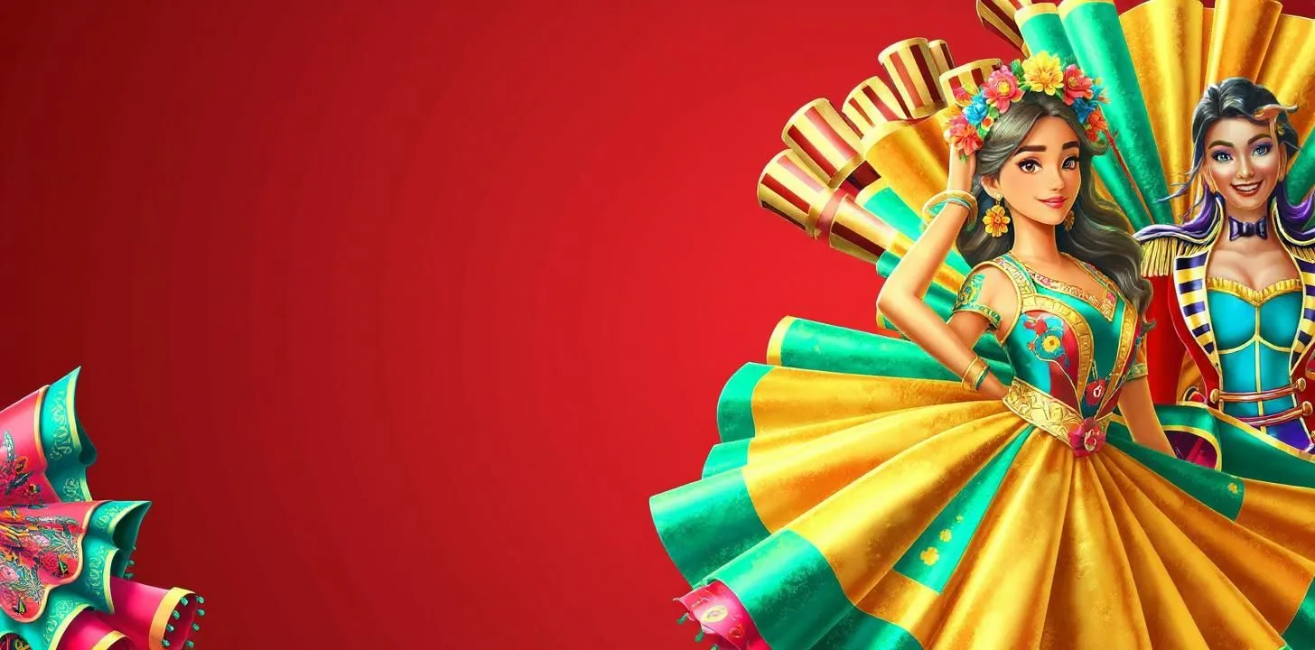 Banner rojo con dos figuras de traje folclórico mexicano rodeadas de confeti dorado.